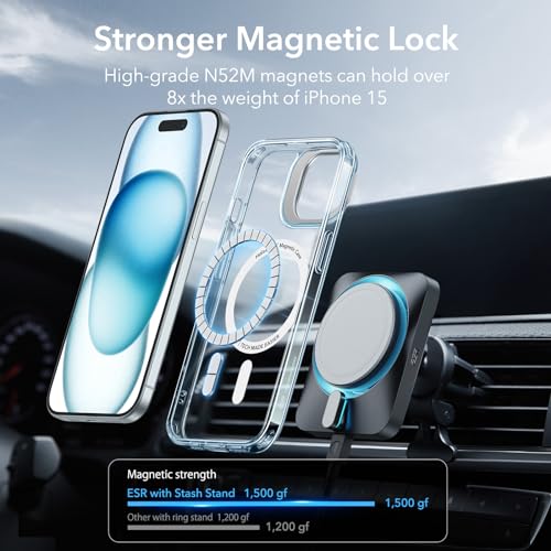 Image of ESR for iPhone 15 Plus Case, Compatible with MagSafe, Military-Grade Protective Case, Built-in Stash Stand Phone Case, Scratch-Resistant Back Cover, Classic Series, Clear Blue