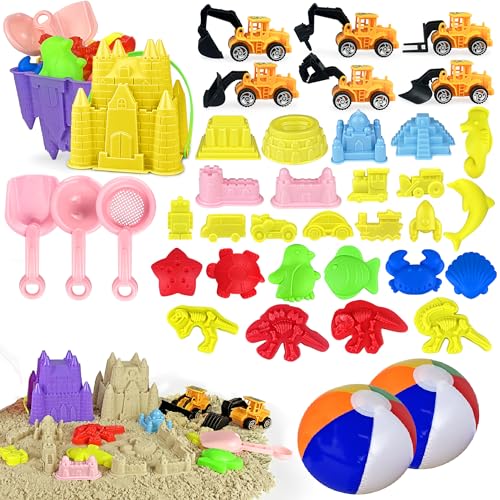 XIPEGPA 41PCS Sand Toys Kit Fun Beach Toys with Trucks Buckets Animal Dinosaur Molds Shovels Beach Ball Perfect Travel Toys for Boys Girls