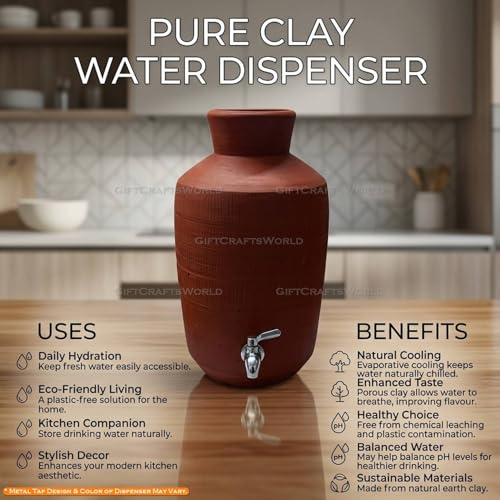 Image of 15 L Mitti Matka for Water with Tap - Natural Cool Clay Pot Dispenser, Traditional Drinking Pani Ka Matka, Earthen Ke Wala Vessel and Summer Hydration
