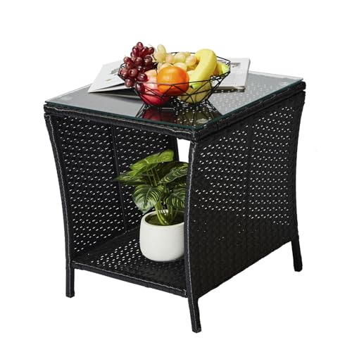 Patio Wicker Rattan Side Table with Tempered Glass Top and Storage