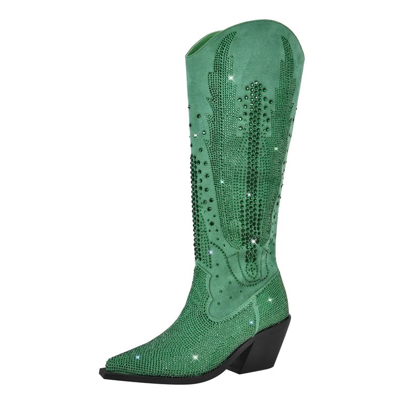 LISHAN Women's Bling bling Heel Knee High Boots Rhinestone Chunky Block Heel Pull on Shoes2