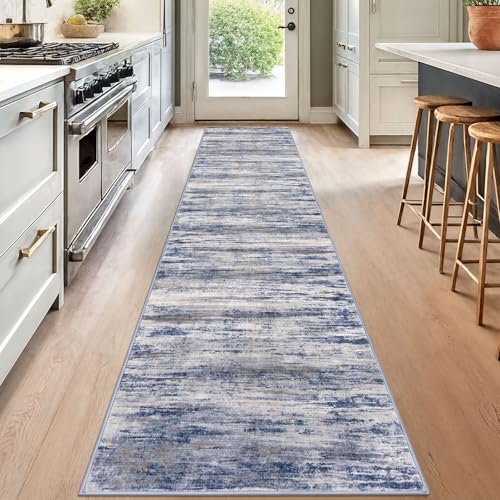 KOZYFLY Modern Abstract Kitchen Runner Rug, 2x12 Washable Rug Runner Non-Slip Soft Striped Hallway Runner Rugs, Grey Blue Print Distressed Carpet Runner for Entryway Bathroom Laundry Room Foyer