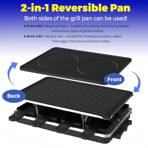 LeuKoles Raclette Grill, Raclette for 8 People, 1300W Electric Grill with 1 Reversible Non-stick Grill Pan & 8 Mini Raclette Cheese Pans & 1 Wooden Spatula, for Indoor Family Barbecue & Party - Image 3