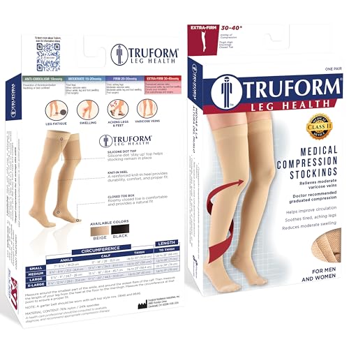 Truform 30-40 mmHg Compression Stockings for Men and Women, Thigh High Length, Dot-Top, Closed Toe, Black, Large
