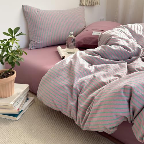 Image of Striped Duvet Cover Set Washed Cotton,King(104 inchx90 inch),Pinstripes Lavender
