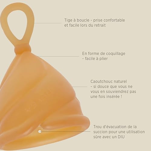 Miniatura 4 de Hevea Loop - Taza menstrual tamaño 2 (arena dorada), hecha de 100% caucho natural, copa de período más suave, uso hasta 12 horas