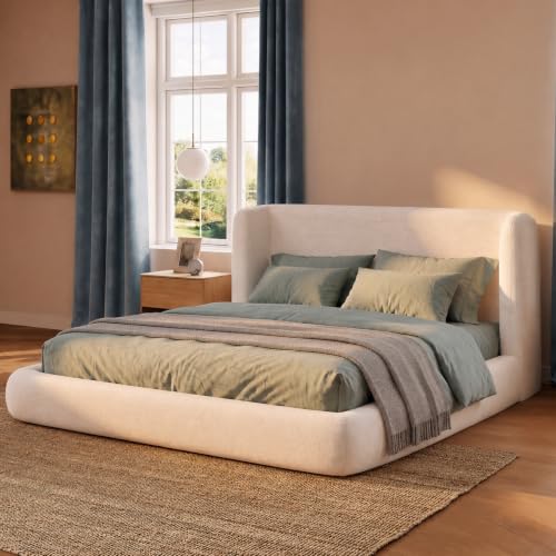 Image of Yechen King Cloud Bed, Upholstered King Platform Bed, Ivory