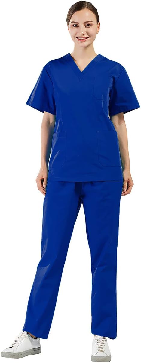 Nanxson Scrub Set Scrubs Uniforms Women Set Elastic Waist Short Sleeve Top Tunic Trousers Movement Booster Pants Blue ME0027