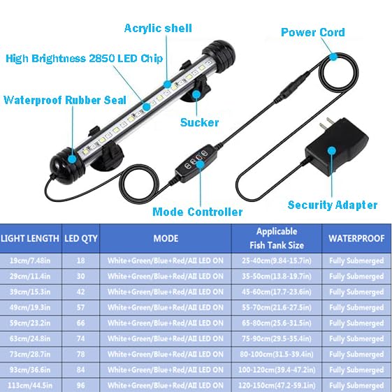 Image of Submersible Aquarium Light Underwater Fish Tank Light with Timer Auto On /Off, LED Aquarium Light Bar 3 Light Modes Dimmer Adjustable Brightness,15.3inch (with Timer&dimmer)