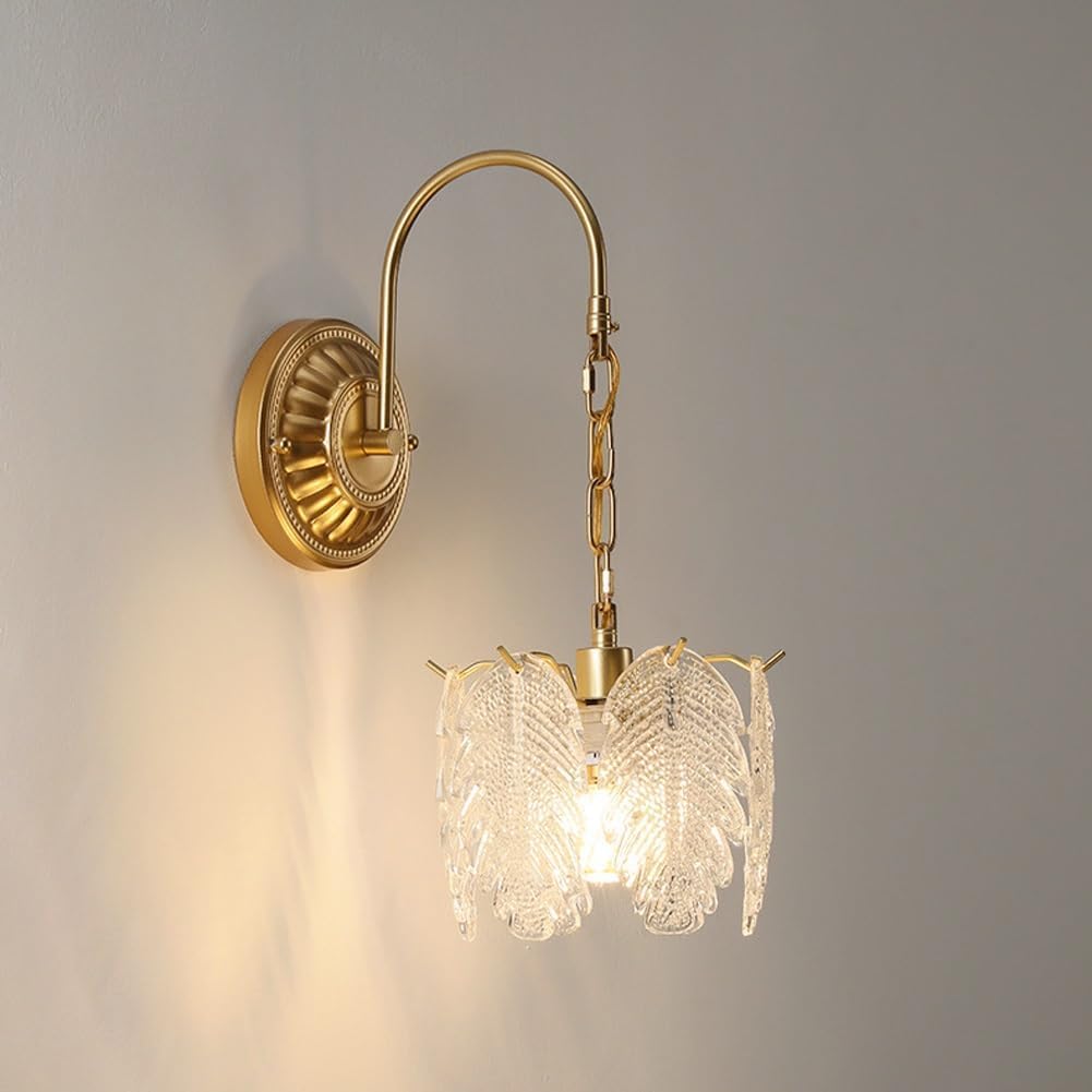 HUAYUSEDF Modern Gold Wall Sconce Vintage Glass Shell Hanging Antique Light Fixture Hardwired Gooseneck Farmhouse Mounted Lamp for Bedroom Girls Bedside Living Room Kids Indoor(Leaf Shape)