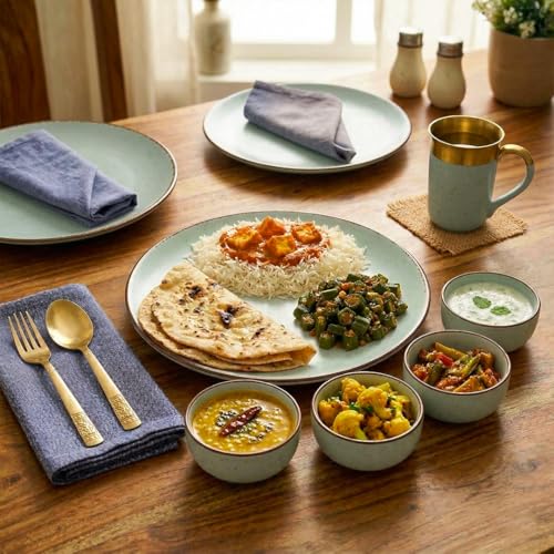 Image of The Earth Store Glossy Mint Marble Ceramic Dinner Set of 18 Pieces Serving for 6, Microwave and Dishwasher Safe Plates & Bowls for Dining, Bone-Ash Free Crockery Set for Dining and Gifting