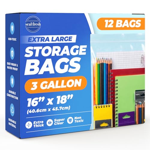 Seal Fresh 3 Gallon Large Plastic Storage Bags 16 x 18 (12 Count) Reusable XXL Extra Large Clear Jumbo Zip Bags with Sealable Zipper Top For Clothes Travel Moving