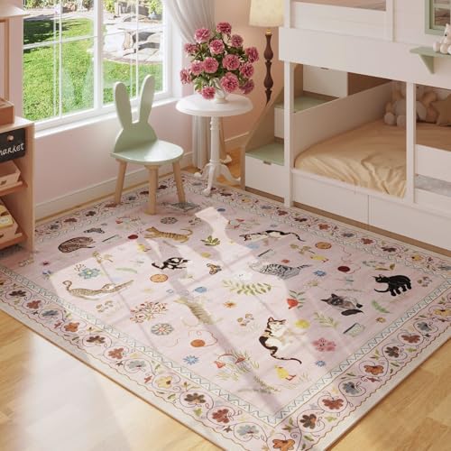 Bedroom Rug 3x5 Rug Washable Area Rug Non Slip Low Pile Boho Floral Animal Cat Small Carpet for Bedroom Bedside Kitchen Entryway Kids Room Office College Dorm Essentials for Girls, Pink