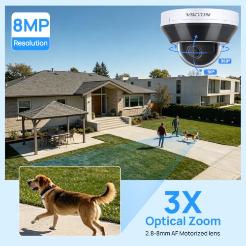 Image of VIKYLIN 8MP 4K PTZ IP Camera with 3X Optical Zoom, IMX415 Sensor Outdoor PoE Security Camera,AI Human &Vehicle Detection, 2-Way Audio, 2.8-8mm Motorized Lens, 100ft IR Night Vision,IP66,NDAA Compliant