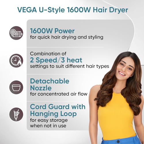 Vega U Style Foldable Hair Dryer for Women & Men with 1600W, Cool Shot Button, 2 Speed/3 Heat Settings, Detachable Nozzle, Travel Friendly, Fast Hair Drying, (VHDH-24) - Image 2