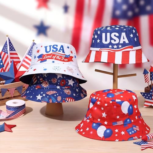 Image of Zhanmai 4 Pcs 4th of July USA Bucket Hat American Flag Patriotic Hats for Women Men 2026 Soccer Tournament Party Hat