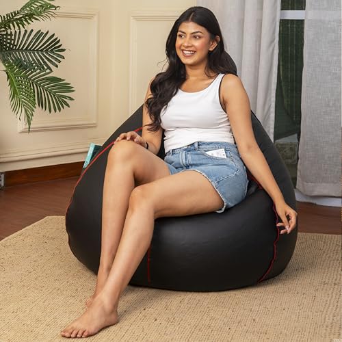 Image of Sattva Classic Piping XXXL Bean Bag with Pocket Filled with Beans | Faux Leather Teardrop Bean Bag for Adults & Teens | Pre-Filled Comfortable Seating for Home, Living Room - Black with Red Piping