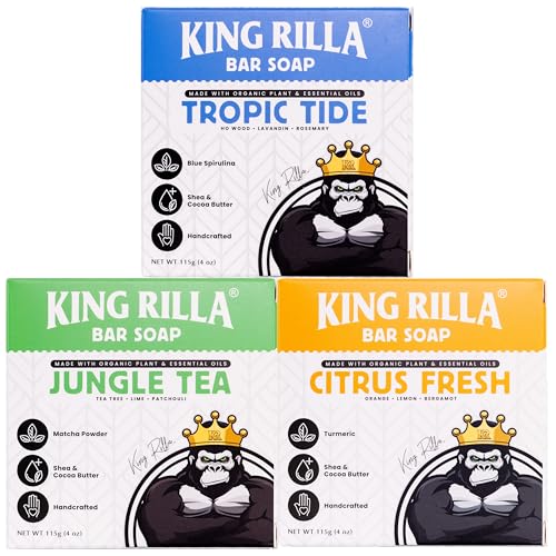 Image of Organic Cold Process Soap Bars for Men, Moisturizing Body Wash 3-Pack | Handcrafted Lasts 3X Longer, USDA Organic, Sulfate & Paraben Free, 3 x 4 oz Citrus Fresh Jungle Tea Tropic Tide
