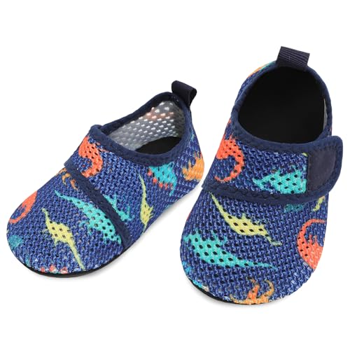 L-RUN Baby Water Shoes Barefoot Skin Swim Socks Beach Pool, Navy Dinosaur Mesh, 0-6 Months Infant