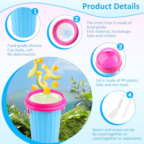 RISVOWO Slushy Becher, Slush Cup mit Strohhalmlöffel, 500ml Silikon Slushy Maker Becher, Tragbarer Slush Machine für Familienfeiern, Partys im Freien, Bars usw (Blau) – Bild 7