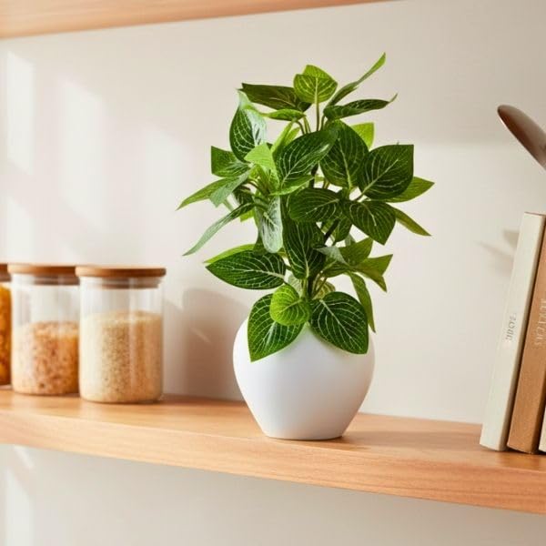 Image of fancymart Artificial Plant Leaves in Apple Pot (30 cm Height) | Small Potted Plant for Office Desk | Home Decor for Living Room | Cafe & Restaurant Table Decoration