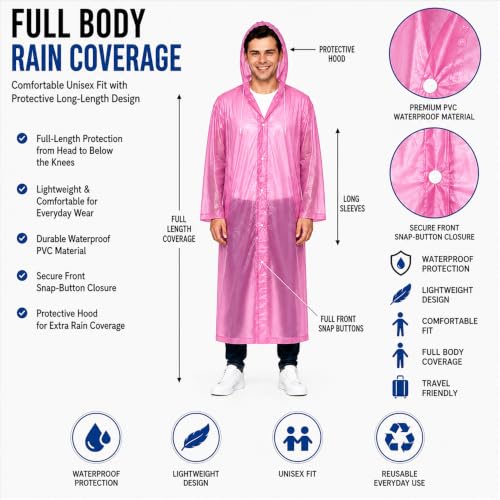 Image of OTOROYS Waterproof Long Rain Coat with Hood for Men, Women, Boys & Girls | Universal Full Length Reusable PVC Raincoat | Lightweight Portable Rain Ware for Bike Riding, Travel & Outdoor, Pink