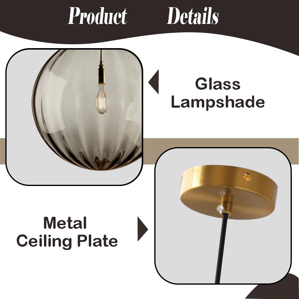 Lámpara Colgante de Estilo Industrial Moderno, lámpara Colgante esférica de Cristal Gris Ahumado, lámpara de Techo empotrada de un Solo Cabezal, Accesorios de iluminación para Isla de Cocina,