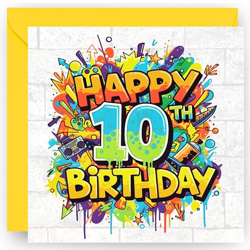 10th Birthday Card Gift for Boys and Girls Graffiti Style Design Happy 10 Years Old Birthday Greeting Card with Vibrant Yellow Envelope - Size 14cm