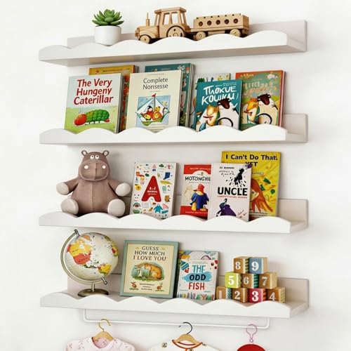 Image of Fixwal Nursery Shelves, 16.5 Inch Floating Bookshelves for Wall Set of 4, Scalloped Wall Book Shelves with Towel Rack for Kids, Toddler Room, Baby Room, Nursery Decor and Storage(White)