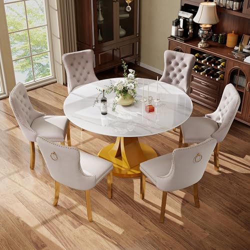 Image of 7-Piece Dining Table Set with 47In Faux Marble Table and 6 Velvet Upholstered Chairs, Modern Scandinavian Furniture for Dining Room Kitchen(Beige&Gold)