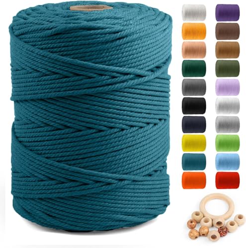 Image of ZUEXT Macrame Cord, Peacock Blue, 5mm x 328yds Cotton String Macrame Yarn | Natural Handmade, 4 Strands Twisted Cotton Rope, for Craft Wall Hanging Weaving Tapestry Dream Catchers Hanger DIY Gift, 300m
