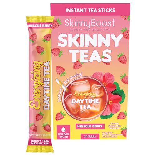 Skinny Teas Energizing Daytime Tea Sticks Hibiscus Berry Instant Tea Natural Energy + Metabolism Support Vitamins + Prebiotic Fiber 10 Calories 14 Count