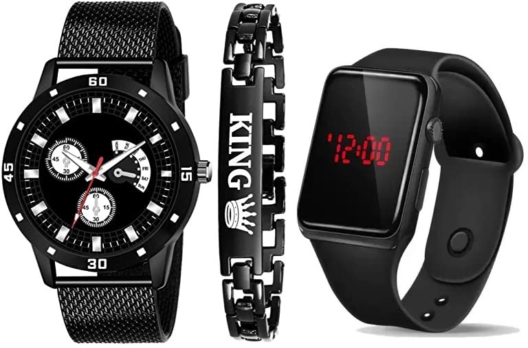 RPS FASHION WITH DEVICE OF RMulticolor Dial Sport PU Belt Watch & King Brecelet Pack of 3 Analog & Dgital Watch - for Boys & Girls