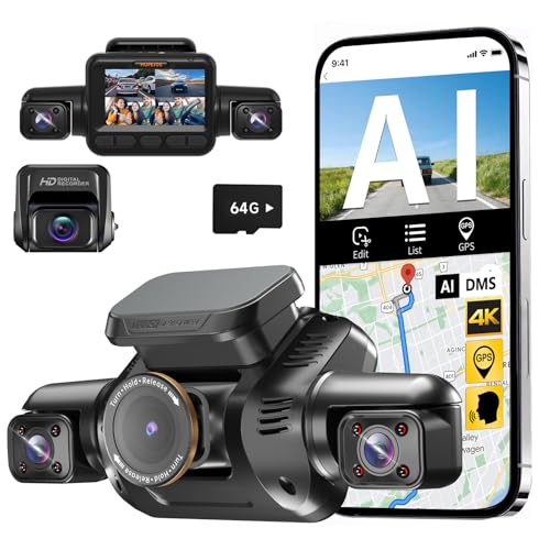 HUPEJOS AI Dash Cam Front Rear Inside with Driver Monitor System, 360° Car Camera 4K, 4 Channel Camera for Cars, WiFi GPS, Dashcam 64GB SD Card, Night Vision, 24H Parking Mode, Upgrade DMS V8Plus