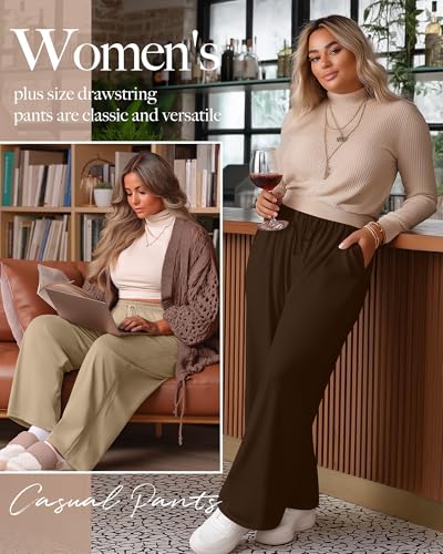 3 Pack Women's Plus Size Pants, Drawstring Wide Leg High Waist Sweatpants Loose Casual Lounge Pants with Pockets4