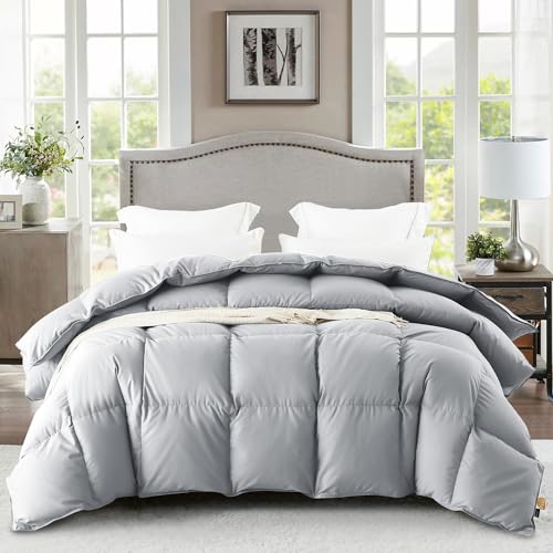 WarmKiss Down Comforter Twin Size, All Season Soft and Fluffy Duvet Insert, 50% Feather Fill Bed Comforters, Luxury Tencel Cover (68×90, Grey)