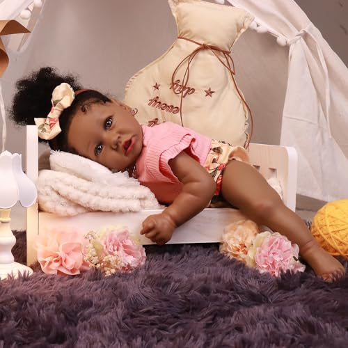 Image of HOOMAI Lifelike Reborn Baby Dolls with Soft Body African American Realistic Girl Doll 22.8 Inch Best Birthday Gift Set