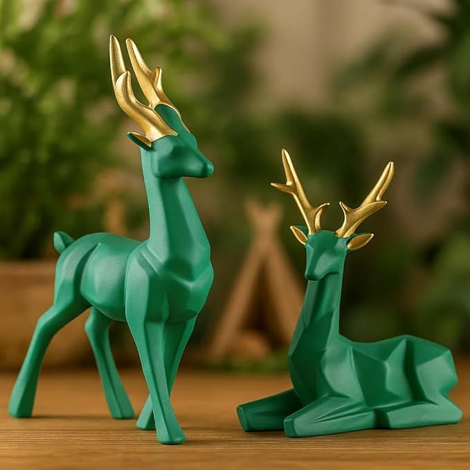 Home Decor, Set of 2 Deer Resin Showpieces Stunning Hiran Statue for Living Room Decor, Gift Items for Women, Aesthetic Room Decor, Office Desk Decorative Items (Green)