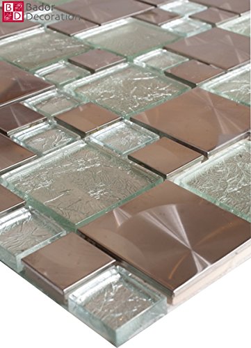 Bador - Mosaico de cristal de acero inoxidable plateado 30 x 30