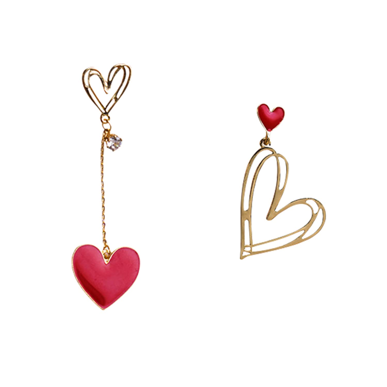 Gold Plated Mismatch Asymmetry Heart Drop Dangle Earrings Stud, Love Dangly Earrings for Women