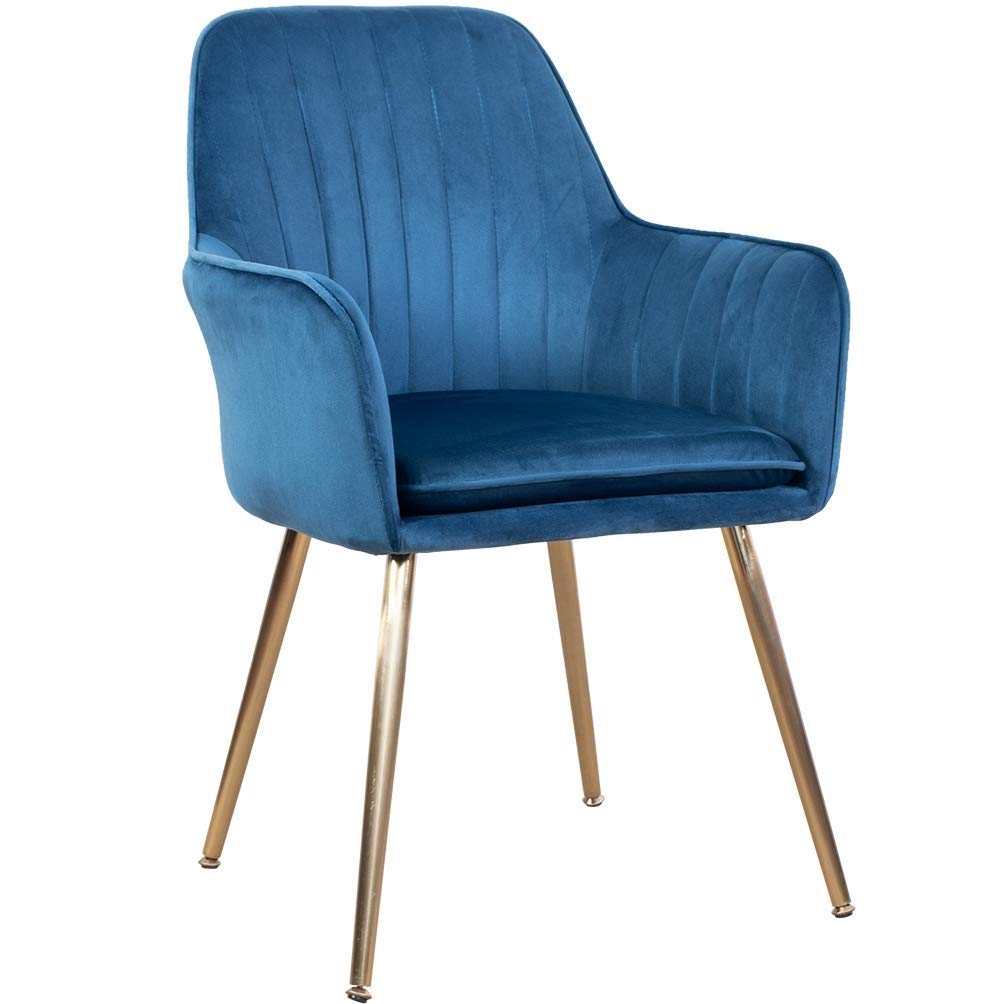 Elegant Velvet Dining Chair Mid-Back Support Accent Arm Chair Modern Leisure Upholstered Chair with Gold Plating Legs (Color : Blue)