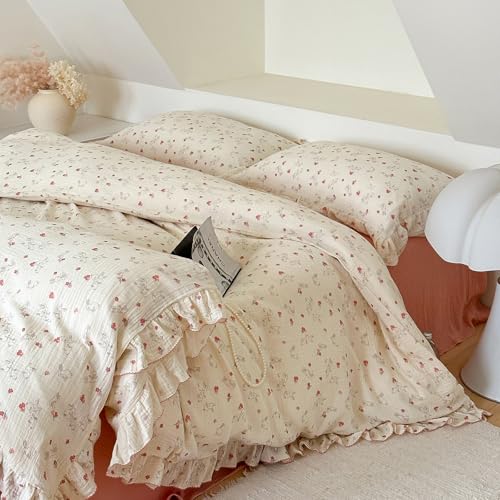 Image of VM VOUGEMARKET Red Flower Duvet Cover Set Twin,Soft Muslin Cotton Cute Rabbit Comforter /Quilt Cover with Romantic Ruffles for Kids Toddler,Comfy, Breathable & Lightweight