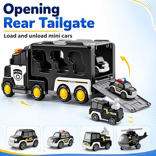 Image of Lifelong 5-in-1 Police Carrier Truck | Big Friction Powered Truck Toy with Lights, Siren & Sound | Police Car Set with Fire Truck, Ambulance, Helicopter | Birthday Gift Set for Boys, Girls 3-10 Yrs