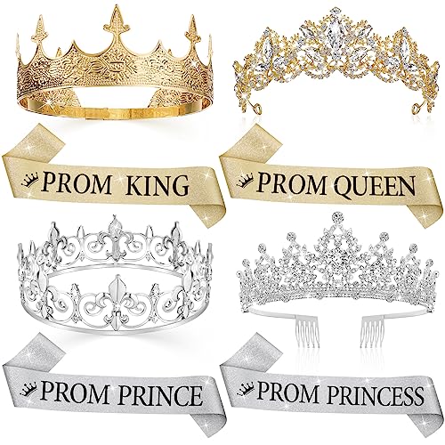Hinly 8 Pcs Graduation Prom Tiara Sash Set Prom King and Queen Crown Tiara Princess's and Prince's Royal Crowns Shiny Satin Sash for Graduation Party School Homecoming Cosplay Favors(Classic)