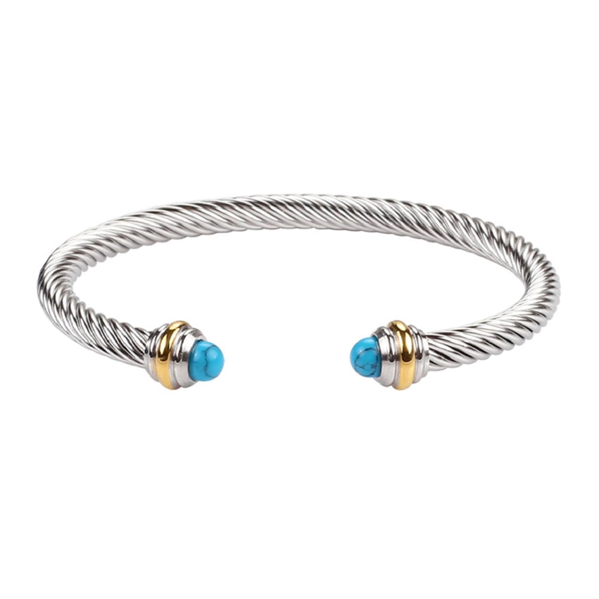 HarlorkiAdjustable Shiny Silver Personalized Twisted Stainless Steel Turquoise Charm Open Bangle Cuff Bracelet for Men Women Fashion Jewelry