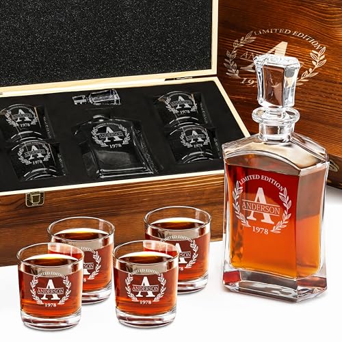 Personalized Whiskey Decanter and Glasses Set - Customized Gift for Him - Fathers Day Gift for Men, Dad, Father, Brother, Son - Engraved Old Fashioned Whiskey Decanter, 4 Glasses in Wooden Gift Box
