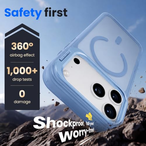 Image of Elzzi Kickstand Case for iPhone 17 Pro Max Case Compatible with MagSafe, Built-in Adjustable Camera Guard Stand, Translucent Matte Anti-Fingerprint Heavy Duty Shockproof Phone Cover - Official Blue