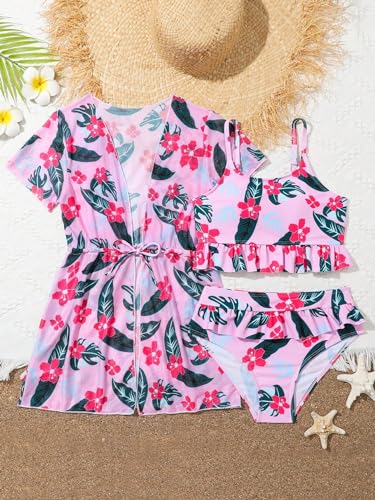 Image of WDIRARA Girl's 3 Pieces Floral Print Swimsuits Ruffle Trim Bikini Set Bathing Suit with Beach Cover Up