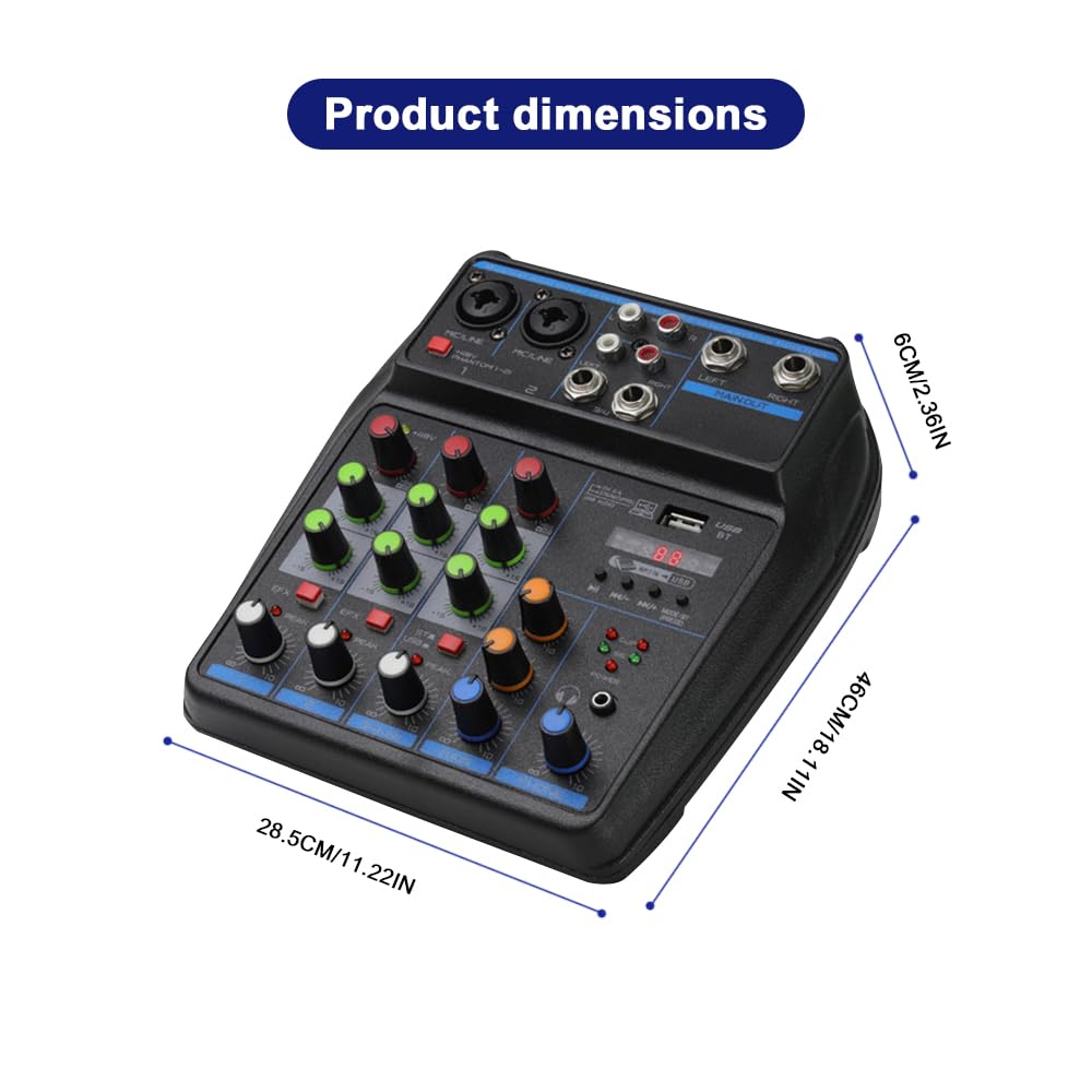 Table de mixage audio DJ, table de mixage 4 canaux avec Bluetooth, interface XRL/6,35 mm, entrée d'ordinateur USB/MP3, alimentation fantôme 48 V, stéréo DJ, studio, streaming, scène KTV