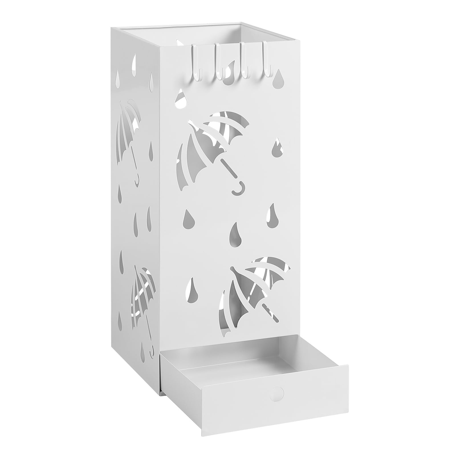 Laneetal Paragüero Moderno de Metal, Soporte de Paraguas, Paragüero Metálico con 4 Ganchos y Bandeja de Goteo, Cubo Cuadrado para Paraguas con Agujeros de Dibujo Blanco, 20x20x49cm